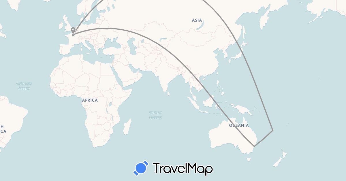TravelMap itinerary: plane in Australia, France, New Caledonia (Europe, Oceania)